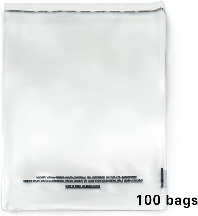 The Elixir Packaging 100 Count 11 x 14 Clear Poly Bag with Suffocation Warning Reclesable Transparent Plastic Tote Backpack Mailer Bag, Food Grade Material, 1.5 Mil Thickness