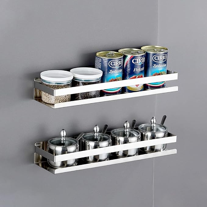 CONRUSER Wall Mounted Spice Rack, Stainless Steel Kitchen Organizer Shelves Hanging Storage Shelf Brushed Steel Seasoning Rack (20CM)