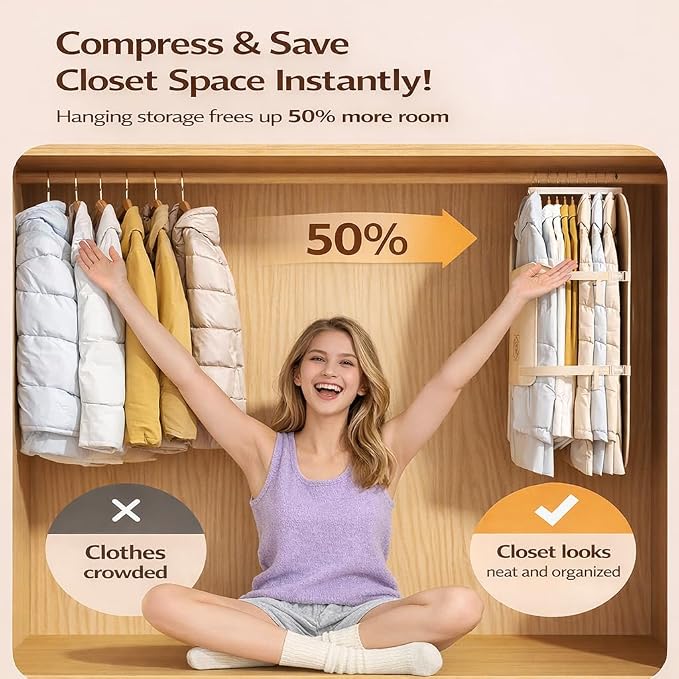 2 Pack Hanging Closet Space Saver Clothes Compression Organizer, Wardrobe Storage for Coats Jackets and Down Clothing, Adjustable Buckle, Large Capacity Hanging Clothes Organizer (Blue)
