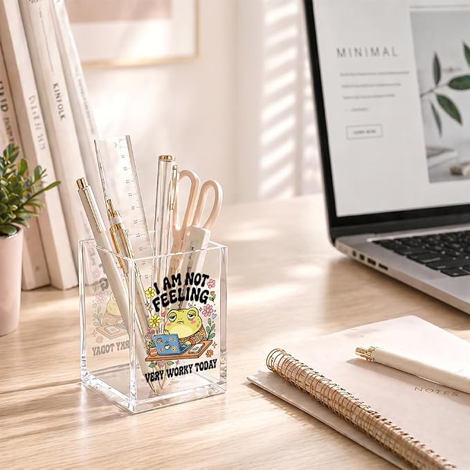 Funny I Am Not Feeling Very Worky Today Acrylic Pencil Holder Cup | Frog Print Gifts for Coworker Boss Friend, Sarcastic Office Decor Office Desk Organizer Accessories, Office Desk Accessories