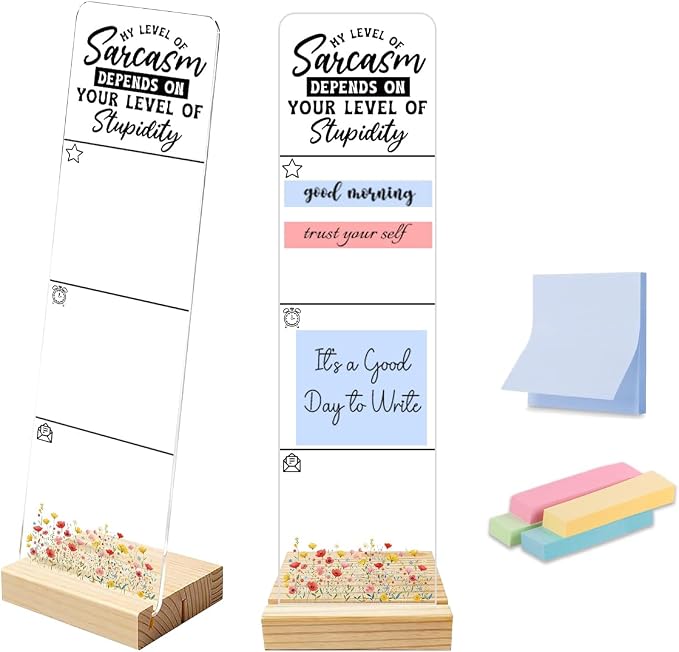 Sticky Note Holder, Monitor Memo Board, Acrylic Post It Note Holder with Wooden Base, Includes 200 Notes, Desk Organizer Sarcastic Quote