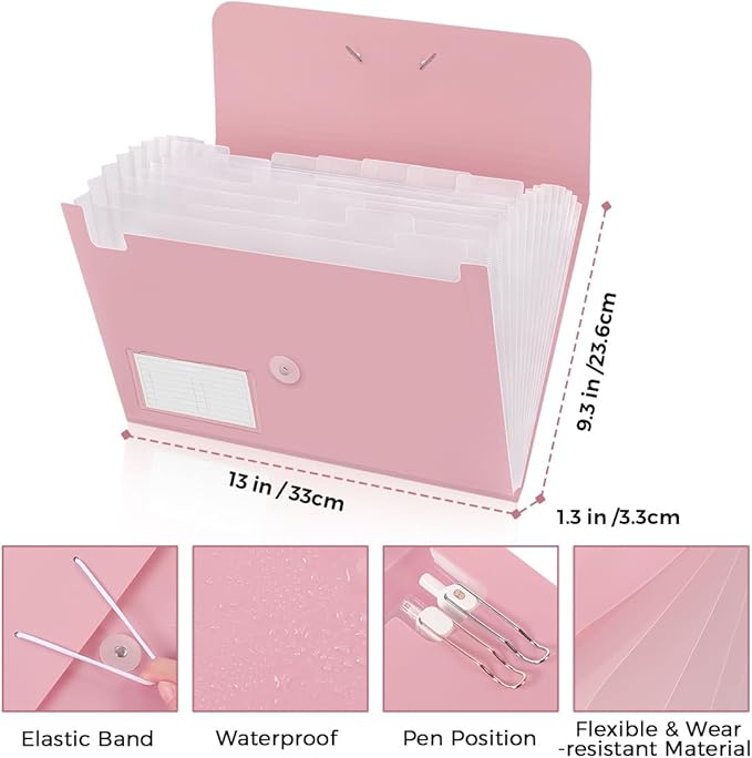 SKYDUE Expanding File Folder, Accordion File Organizer with 13 Pockets for A4/Letter Sized Paper, Accordion Folder with Labels - Document Receipt Organizer for Office, School, Home