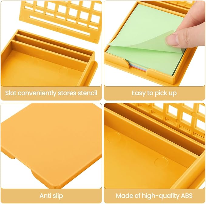 Sticky Note Holder with 5 Different Stencil & 100 Sheet Post It Notes, 3x3 inch Sticky Pads Dispenser with Line Box Drawing Template for Office and Home(COLOR:yellow)