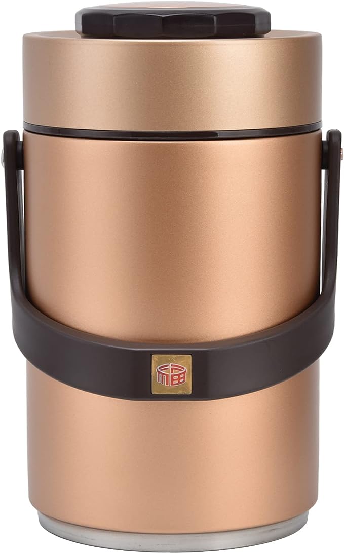Qiilu Food Flask 2L Termos Para Comida Caliente 24 Horas 304 Stainless Steel 2.3L Vacuum Lunch Box 3 Layers Prevent Leakage Insulated Container For Work Travel (Gold)