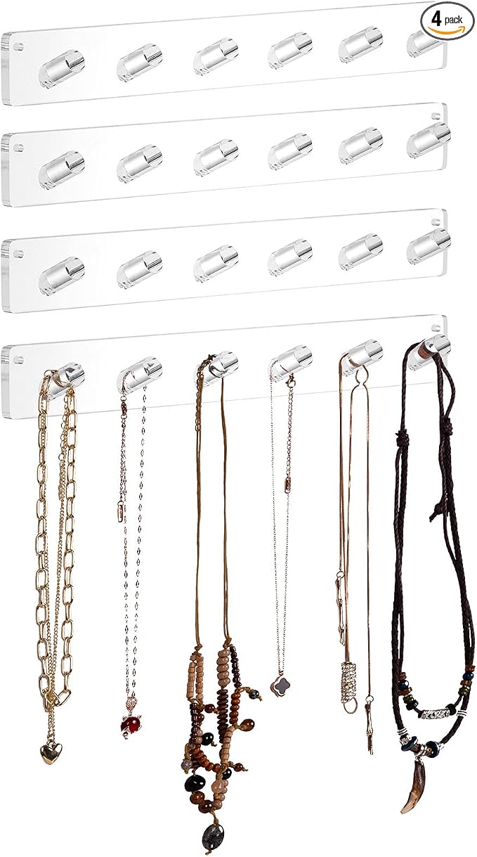 AITEE Acrylic Necklace Holder Organizer Wall Mounted with 6 Hooks, 4 PACK | 11.3x1.38, prevents tangles, hangs necklace, jewelry, bangles, bracelets, rings, for home, best gifts for girls and women