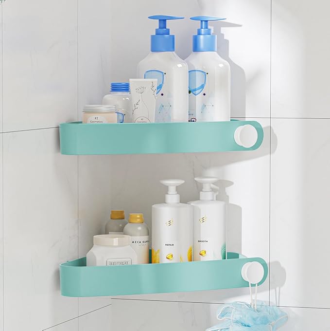 Sotfamily Plastic Shower Caddy Corner (for 90° Only), 2 Pack,Turquoise | Adhesive Corner Shower Shelves for Bathroom Organizers and Storage, Bathroom Decor, No Drill, Rust Free