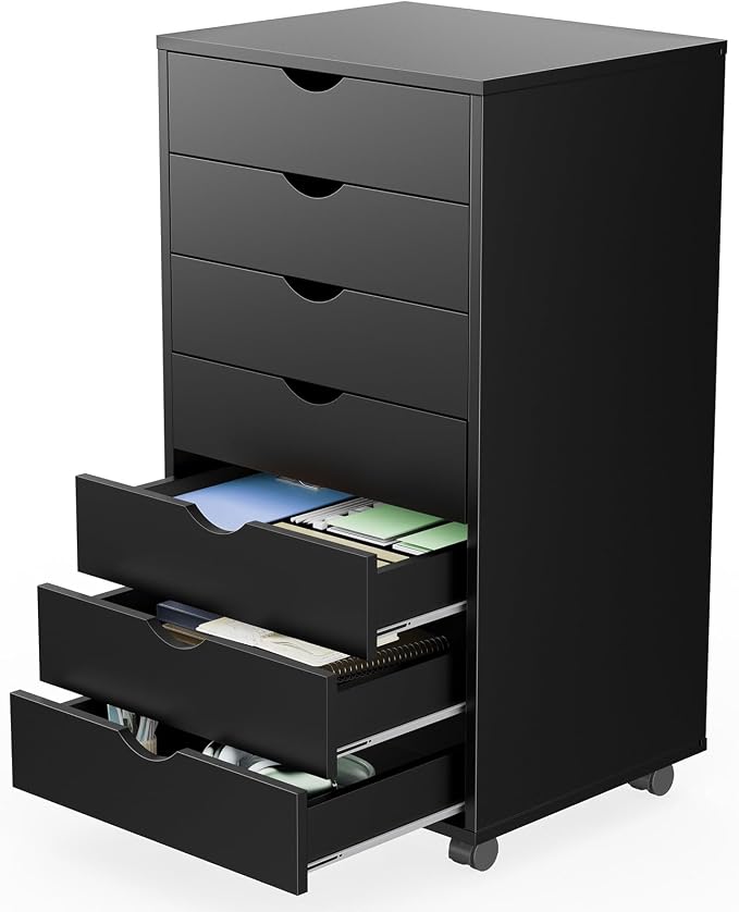 Sweetcrispy 7 Drawer Storage Cabinet, Rolling Wood Under Desk Drawer with Wheels, Small Mobile Organizer Dresser Chest for Home Office, Bedroom, Rolling Vertical Organizer for Home Office, Dark