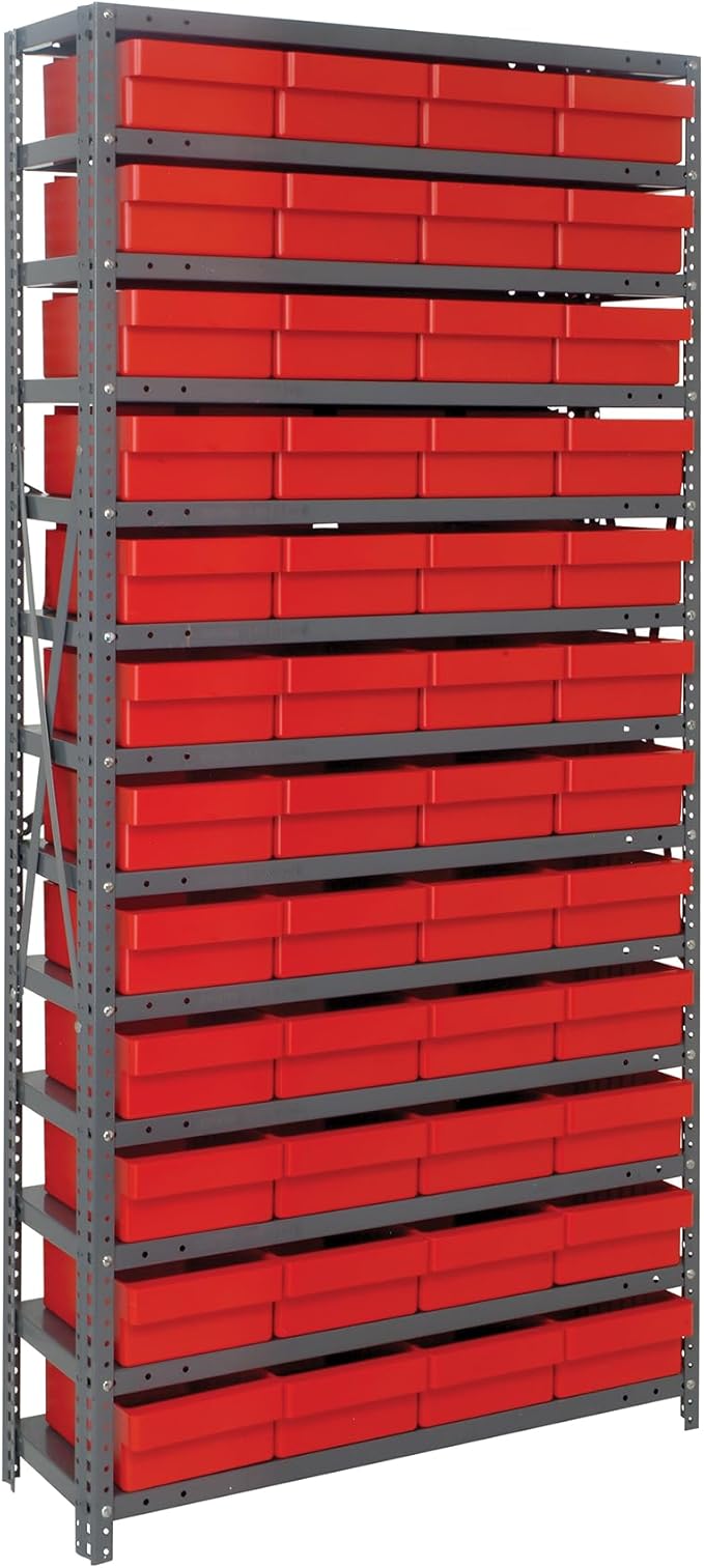 Quantum Storage Systems 1875-606RD Solid Heavy Duty 13 Shelves 48 Super Tuff Euro Red Bins 75" H x 36" W x 18" D