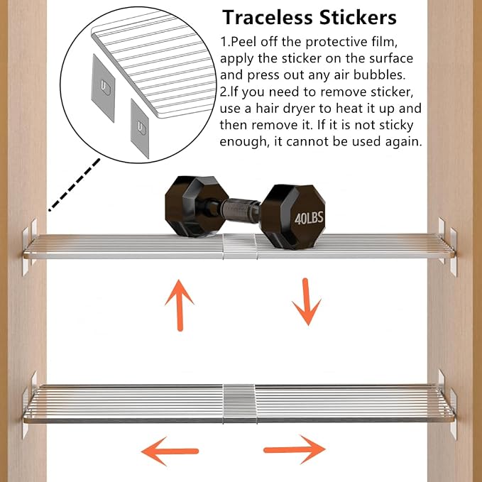 Slideep Adjustable Closet Storage Shelves with Seamless Sticker, Stainless Steel Expandable Wardrobe Shelves Organizer System for School Locker, Under Sink (Large, 2Pack)
