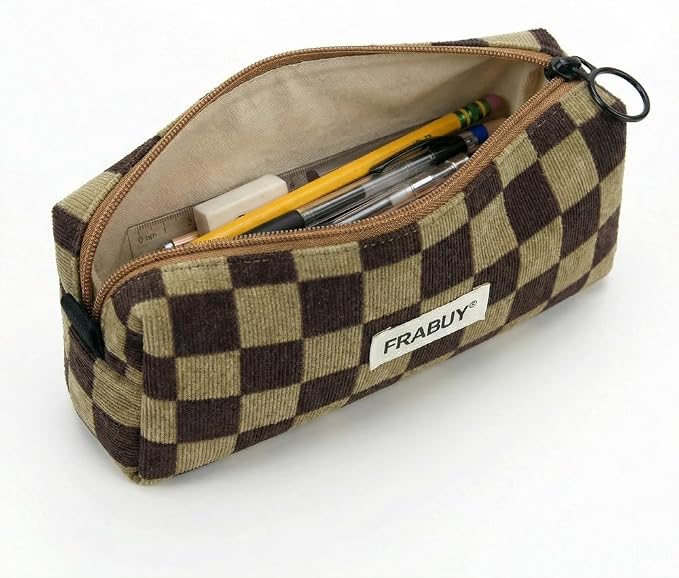 Soft Corduroy Pencil Case Pen Pouch Organizer, Small Stationery Bag | Cute Dark Brown Checkerboard pouch, smooth zipper, daily cosmetics holder, compact organizer for school teen girls, women