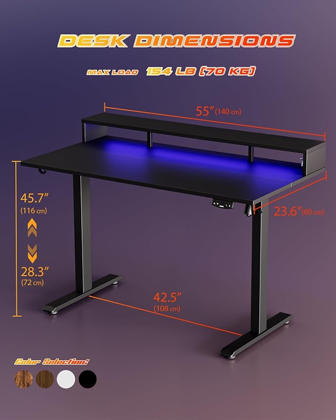 Agilestic 55 x 24 Inch Electric Standing Desk with Shelf, Height Adjustable Desk with Power Outlets & LED, Sit Stand Up Table with Monitor Stand, Computer Workstation, Black