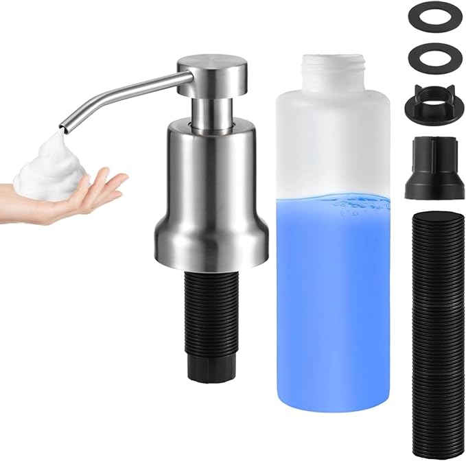 HAIOLORPRO Foaming Soap Dispenser for Kitchen Sink, Kitchen Bathroom Soap Dispenser Pump, Stainless Steel Foam Soap Dispenser with Two Spiral Tubes and 21oz Under Counter Plastic Bottle