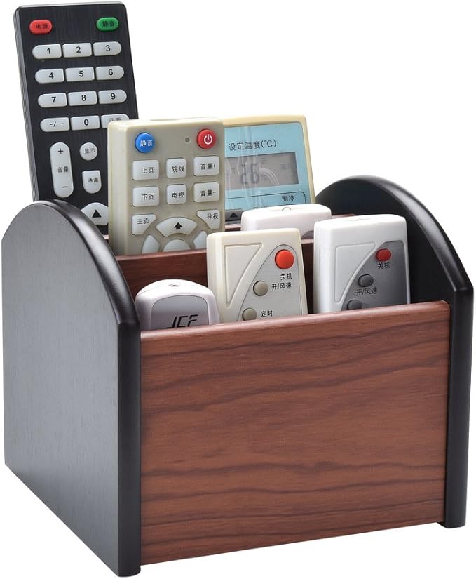 Siveit Wooden Desk Organizer, 4 Compartment Revolving Wood Desktop Organizer Office Supplies Rotating Remote Control Caddy Holder (Desk Organizer-4)