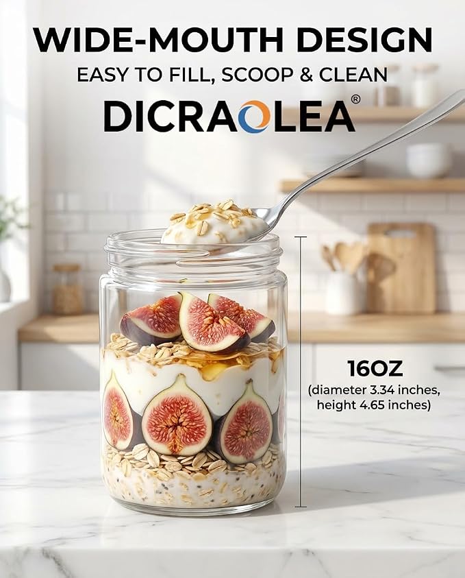16oz 4Pack Glass Overnight Oats Jars Containers with Airtight Leakproof Lids, Reusable Mason Jars for Meal Prep, Yogurt Parfaits, Smoothies, Salads & Healthy Breakfasts (16 OZ-4-1)
