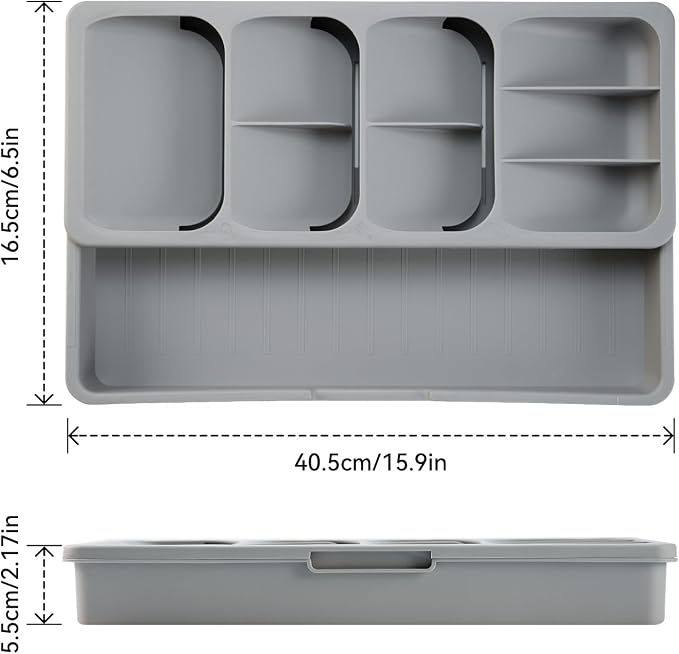 Expandable Silverware Organizer Tray, Adjustable Utensil Holder | Expandable drawer tray with divided compartments for cutlery, utensils, kitchen gadgets, office supplies and craft tools