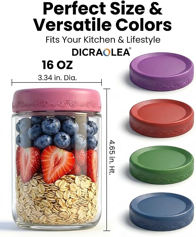 16oz 4Pack Glass Overnight Oats Jars Containers with Airtight Leakproof Lids, Reusable Mason Jars for Meal Prep, Yogurt Parfaits, Smoothies, Salads & Healthy Breakfasts (16 OZ-4-1)