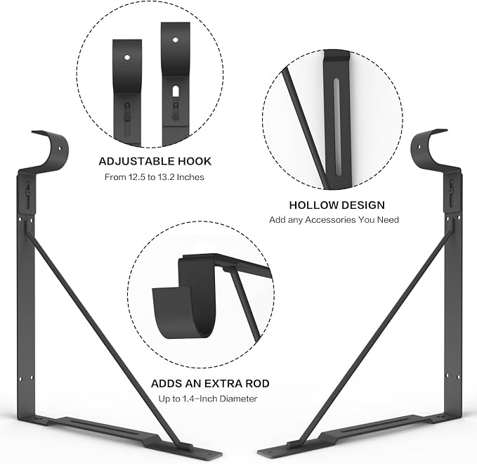 Eau Adjustable Hook Closet Rod Bracket, 4 Packs of Black Heavy Duty Closet Shelf and Rod Brackets for Shelf Storage and Closet Rod, Wall Mounted Closet Shelves Bracket