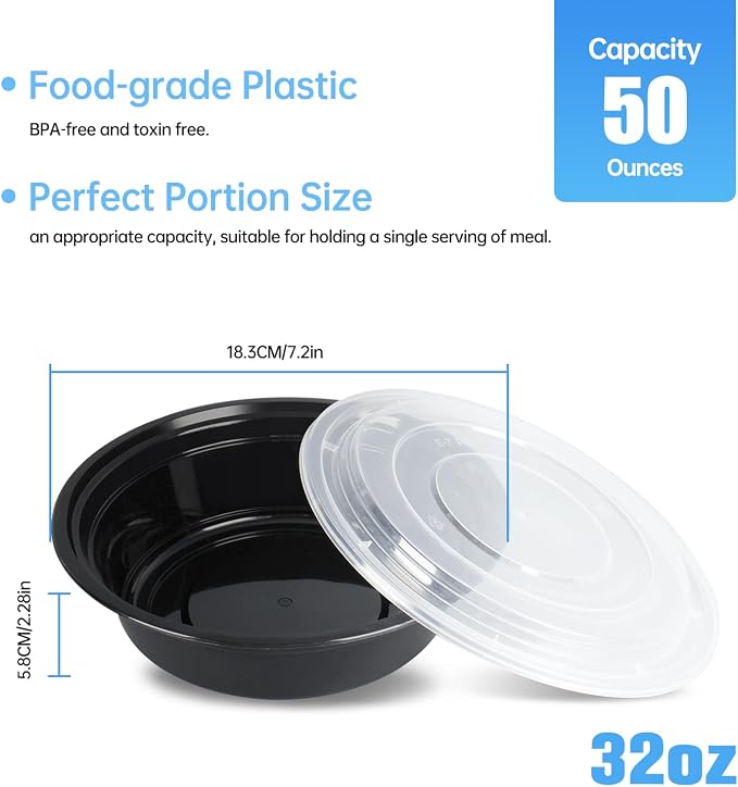 32oz Take Out Containers with Lids, 50 Pack, Black | BPA-Free Disposable Meal Prep Containers, Stackable Bento Boxes, Microwave Safe Bulk Lunch Food Containers