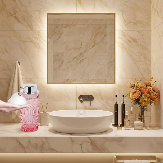 Foam Soap Dispenser, Pink Glass Foaming Soap Dispenser with Pump, 14 Oz Bathroom Refillable Liquid Lotion Pump Bottle Container for Kitchen Countertop Decor