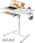 32" Mobile Desk with Drawer, Rolling Standing Desk on Wheels | Height Adjustable Desk with Cup Holder and Hooks, Portable Laptop Cart with Storage for Home Office, White