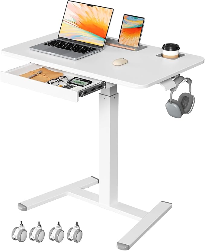 32" Mobile Desk with Drawer, Rolling Standing Desk on Wheels | Height Adjustable Desk with Cup Holder and Hooks, Portable Laptop Cart with Storage for Home Office, White