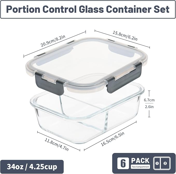 6pack, 34oz, 2 Compartment Glass Meal Prep Containers with Lids, Grey | Portion Control Lunch Containers, Glass Food Storage Containers with Airtight Lids, Microwave, Freezer, Dishwasher Safe