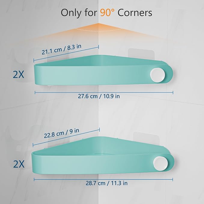 Sotfamily Plastic Shower Caddy Corner (for 90° Only), 4 Pack, Turquoise | Adhesive Corner Shower Shelves for Bathroom Organizers and Storage, Bathroom Decor, No Drill, Rust Free