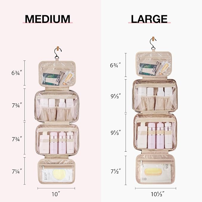 BAGSMART Toiletry Bag Hanging Travel Makeup Organizer with TSA Approved Transparent Cosmetic Bag Makeup Bag for Full Sized Toiletries（Cherry Red