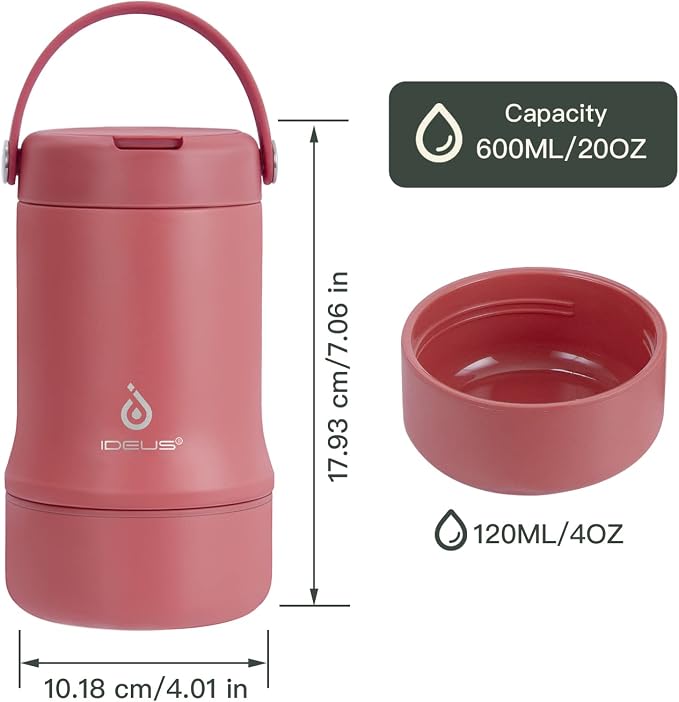Ideus Soup Thermo with Foldable Spoon and Bowl 20oz, All-in-one Insulated Bento Lunchbox Stainless Steel Leakproof Portable Soup Container Vacuum Thermal Food Jar for Lunch, Red