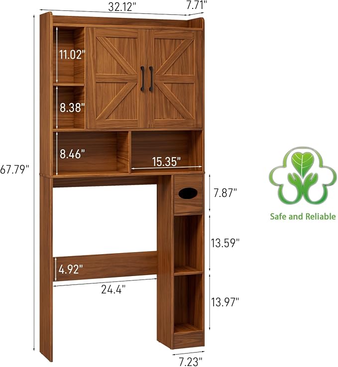 Vabches Over The Toilet Storage Cabinet with 2 Barn Doors, Caramel | Farmhouse Storage Cabinet with Toilet Paper Holder Stand，Home Space-Saving Toilet Rack, for Bathroom, Restroom, Laundry