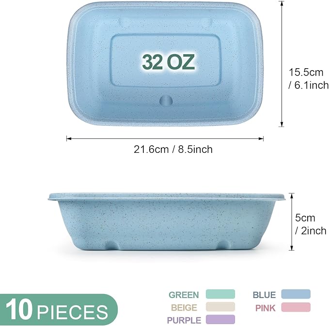 32 oz Meal Prep Containers,10Pcs Reusable Food Storage Containers with Lids | Wheat Straw Bento Lunch Box Container, Stackable Tupperware To Go Food Containers,BPA Free, Microwave Freezer Dishwasher Safe