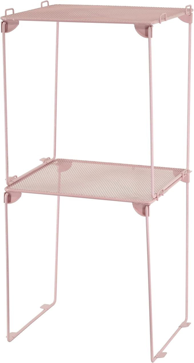 Neudeco Pack 2, Mesh Locker Shelf, Stackable Extra Tall Locker Organizer, Collapsible and Metal Build, Fits Standard Size School Locker, Suitable for Work, Kitchen, Bathroom (Pink)