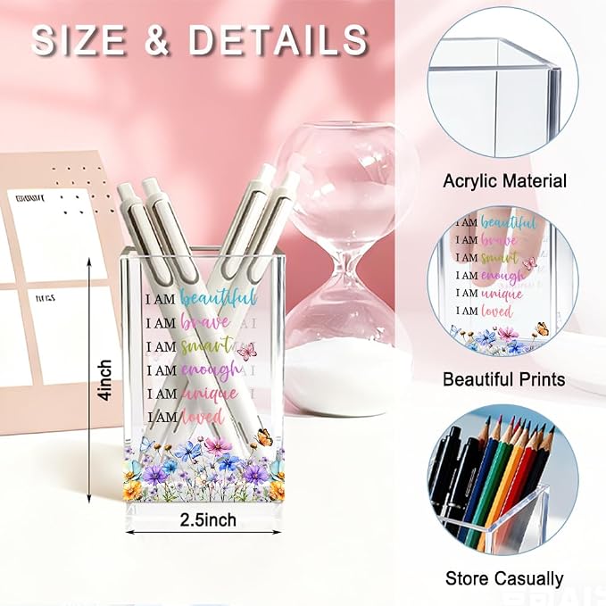 I Am Beautiful Affirmation Acrylic Pencil Pen Holder Cup, Wildflowers Makeup Brush Storage Organizer, Women Affirmation Desk Accessories Holder, Graduation Gifts for Daughter Niece