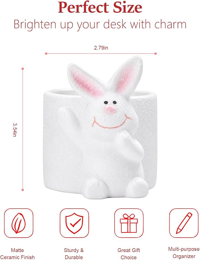 Ceramic Rabbit Shaped Pen Pencil Holder for Desk Decoration Accessories Rabbit Decor Makeup Brush Pen Cups Office School Ideal Gifts for Women, Mom or Birthdays (Round Rabbit)