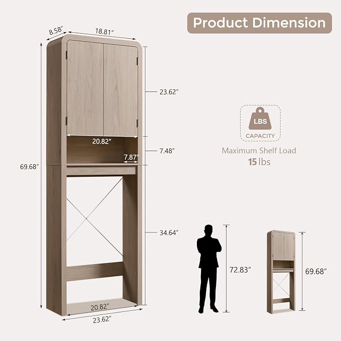 Over the Toilet Storage Cabinet, 69.69" Curved Bathroom Storage Organizer Cabinet with Doors and Adjustable Shelves, Wooden Free Standing Toilet Space Saver Rack, Cream