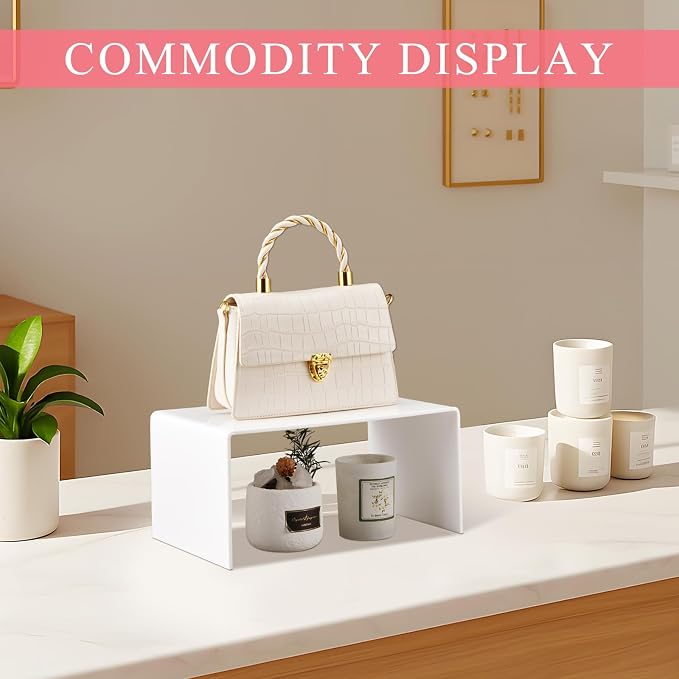 RattanView 2 Pcs 12 Inch Large Acrylic Risers Display Stands 5 mm Thick Acrylic Shelf Riser Showcase for Collectibles Jewelry Cupcakes Food Figures Perfume Cabinet (White)