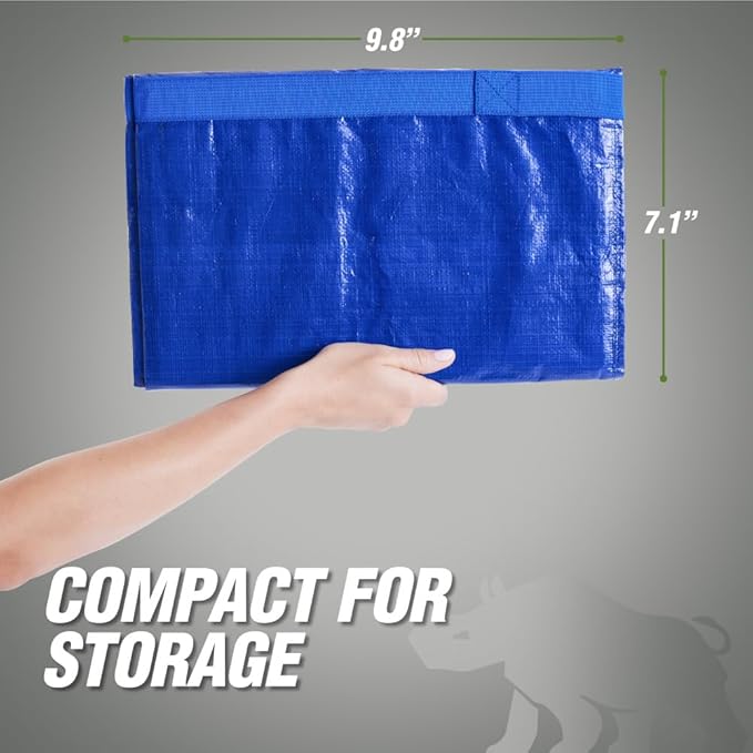 RUGGED RHINO 6 Pack Heavy Duty Extra Large Moving Bags, Durable Bag Strong Handles and Zipper, Moving Boxes Alternative for College Packing, Holiday Décor, Space Saving Storage with Label, Blue/Clear