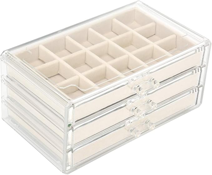 FEISCON Acrylic Jewelry Organizer Makeup Cosmetic Storage Organizer box | Storage Organizer box Clear Jewelry Case with 3 Drawers Adjustable Jewelry Box Velvet Trays grid size