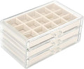 FEISCON Acrylic Jewelry Organizer Makeup Cosmetic Storage Organizer box | Storage Organizer box Clear Jewelry Case with 3 Drawers Adjustable Jewelry Box Velvet Trays grid size