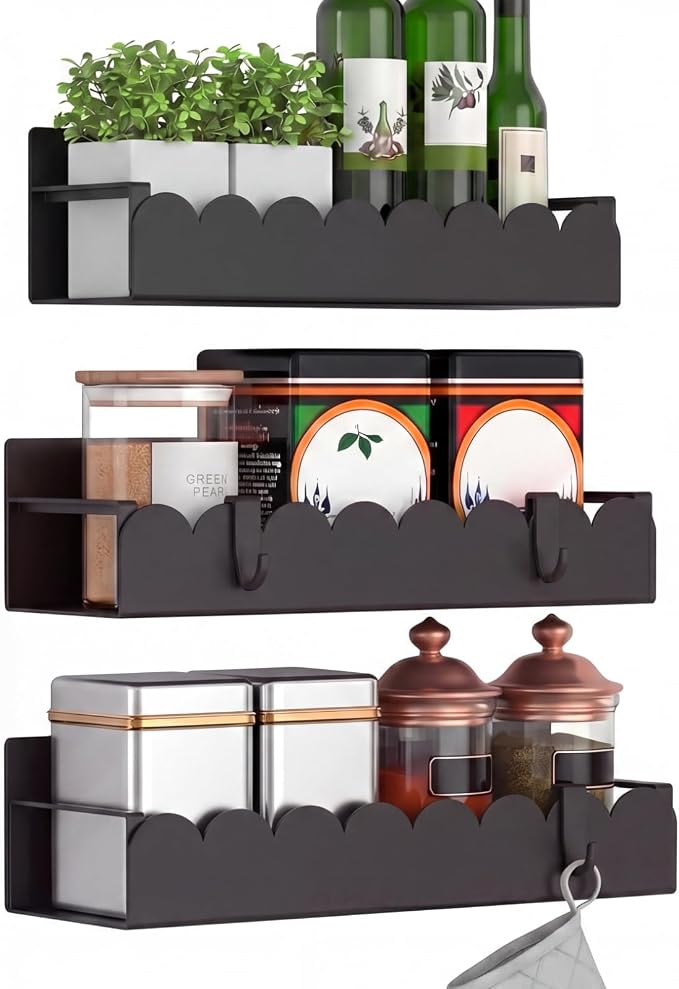 3 Pack Scalloped Metal Magnetic Spice Storage Rack Organizer with Hooks for Refrigerator and Oven, Black Fridge Organizers and Storage