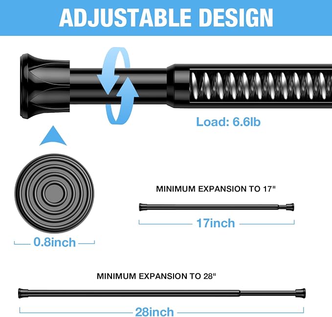 4 Pack Spring Tension Curtain Rods 16-28 Inches,5/8" Diameter Black Spring Load Adjustable Expandable,Small Short Tension Curtain Rod for Windows,Kitchen,Doorway,Bathroom,Cupboard Bars