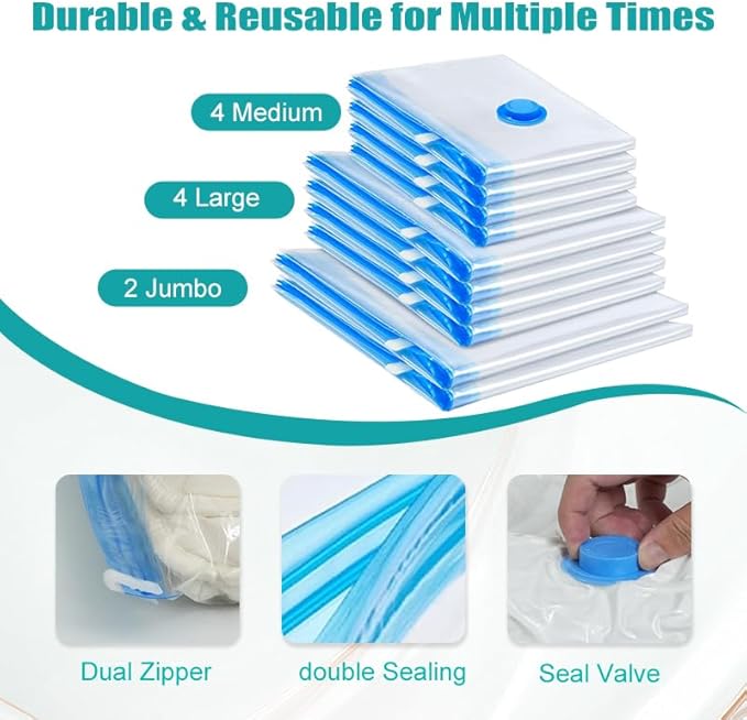 Vacuum Storage Bags, 10 Pack with Electric or Manual Pump, Space Saver Compression Bags for Clothes, Blue and White, Nylon, 4 Medium 4 Large 2 Jumbo, (E & H pump 20 Bags)