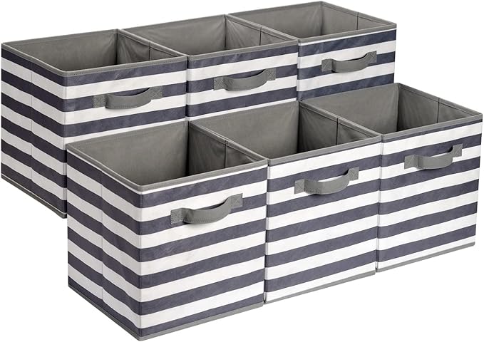 Amazon Basics Collapsible Fabric Storage Bins with Handles, Cube Organizer for Organizing, 13"x13"x13", White/Light Grey Stripe, 6-Pack