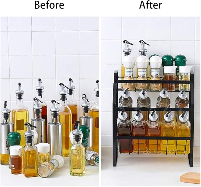 Tomorotec 3-Tier Spice Rack, Metal Kitchen Counter Shelf Organizer, Black | Sturdy Steel Frame with Anti-Rust Coating and Non-Slip Pads for Spices, Oils, Liquor Bottles and Bathroom Essentials