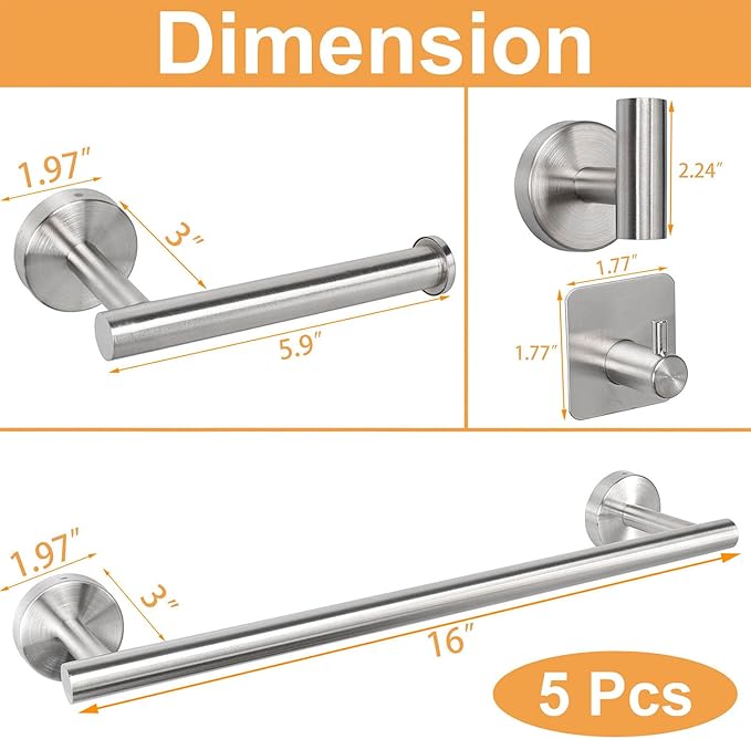 TocTen Bathroom Hardware Set, Thick Stainless Steel Bath Towel Bar Set Including Towel Rack for Bathroom+Toilet Paper Holder+3 Robe Towel Hooks Wall Mount Bathroom Accessory Set(16IN,Brushed Nickel)