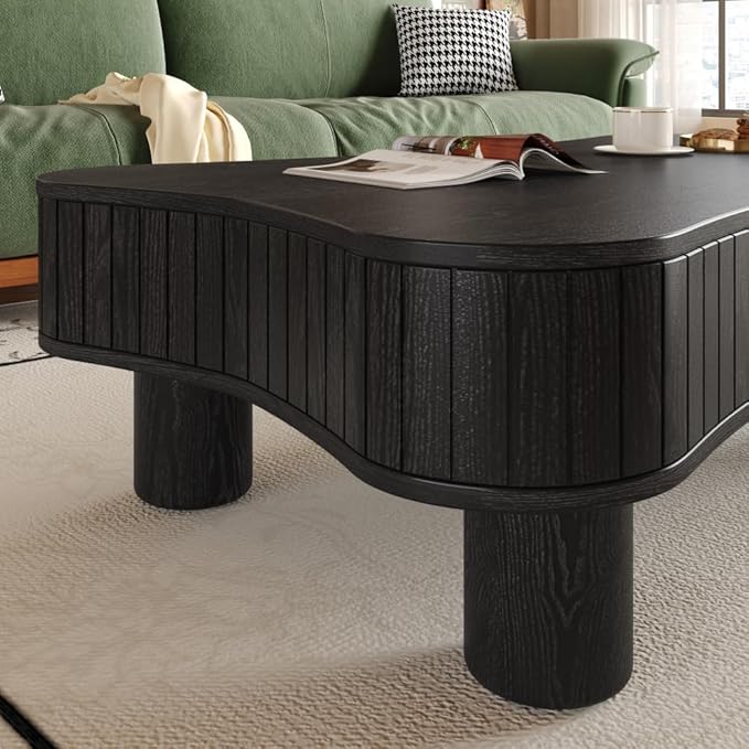 Lift Top Coffee Table with Hidden Storage Fluted Panel Silent Hydraulic Lift Curved Corners (Black)