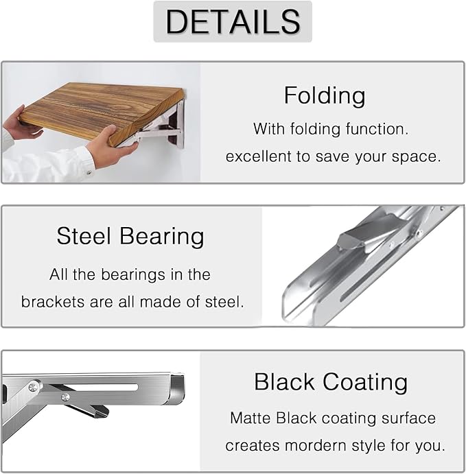 Folding Shelf Brackets 12 inch 2 Pcs Max. Load 220lb - Heavy Duty Stainless Steel DIY Wall Mounted Collapsible Shelf Bracket, Space Saving for Garage Workstation, Stuff Supports, Table, Workbench