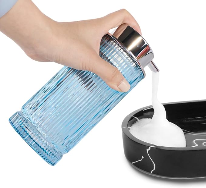 Foaming Soap Dispenser, Glass Foam Hand Soap Dispenser with Pump, 14 Oz Bathroom Refillable Liquid Lotion Pump Ribbed Bottle Container for Kitchen Countertop Decor (1, Blue Silver)