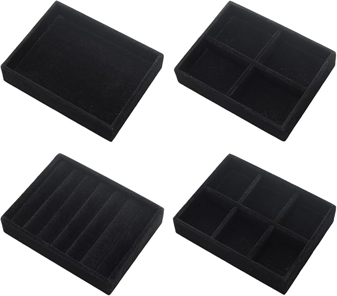 Small Jewelry Tray Set 4 Pcs Black Velvet Stackable Jewelry Organizer Tray Mini Jewelry Drawer Organizer for Necklace Ring Earrings Jewelry (4 Styles)