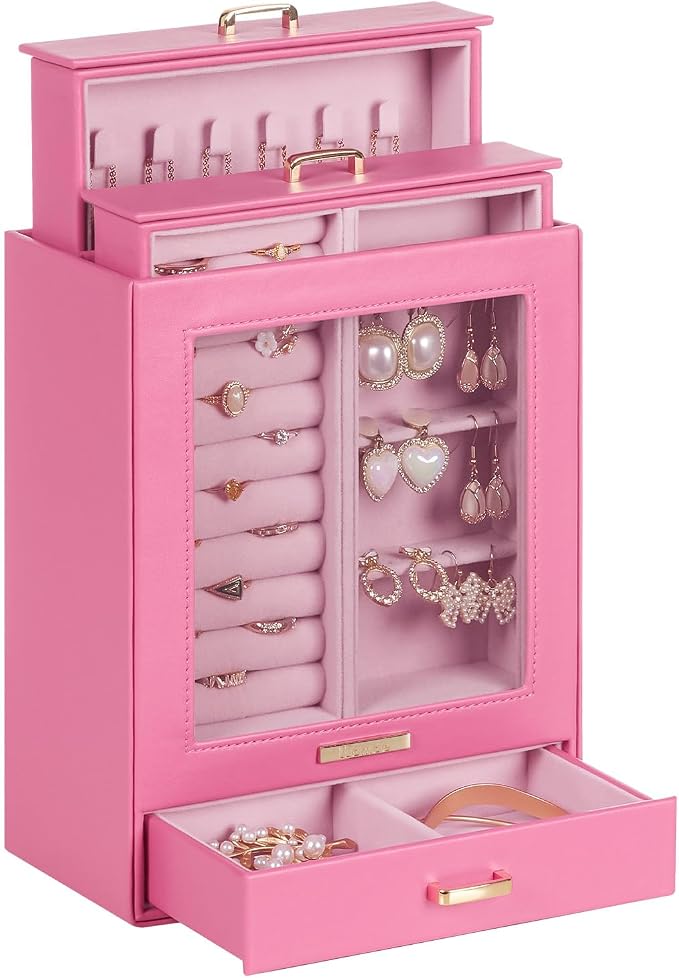 Homde Display Jewelry Box for Girls: Starter Organizer with Clear Window | Vertical Drawers for Earrings Rings Necklaces - Compact Footprint Fits Small Vanities - Birthday&Graduation Gift for Teens